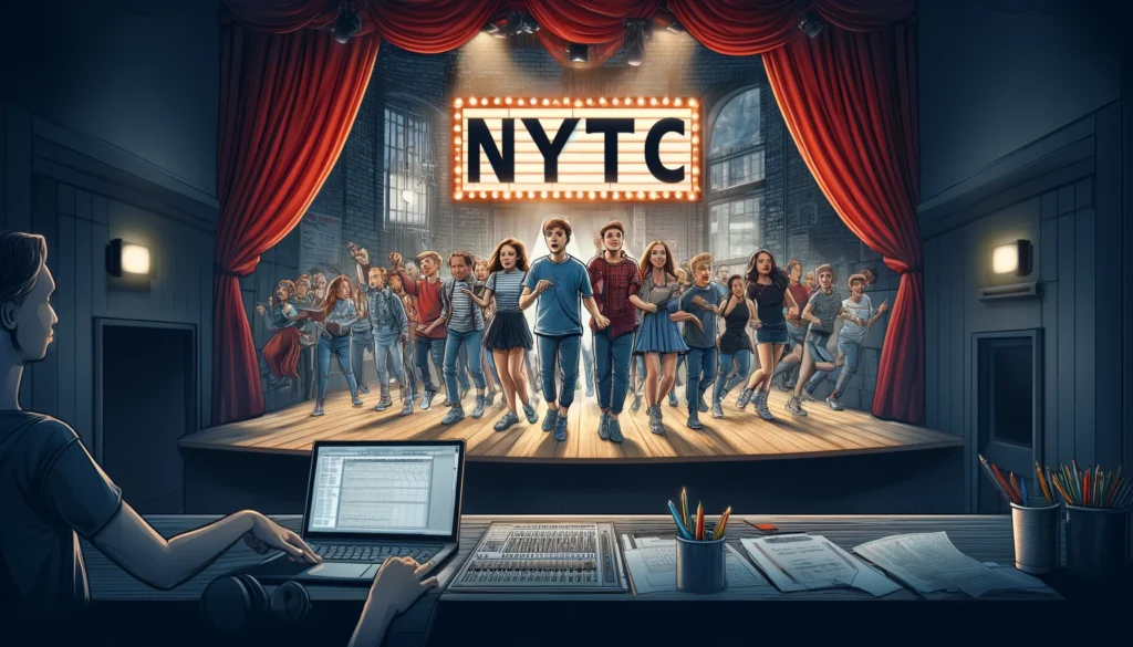 Representing a youth theatre company called NYTC, showing enthusiastic teenage performers on stage during rehearsal or a performance.
